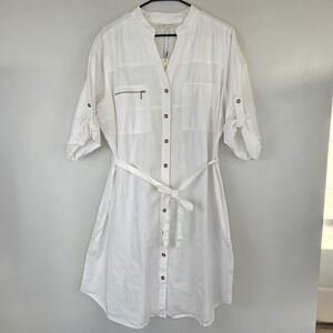 White Shirt Dress Speed Limit MPH, Button Front,Roll Tab Sleeve,‎ 2X Belt.A182